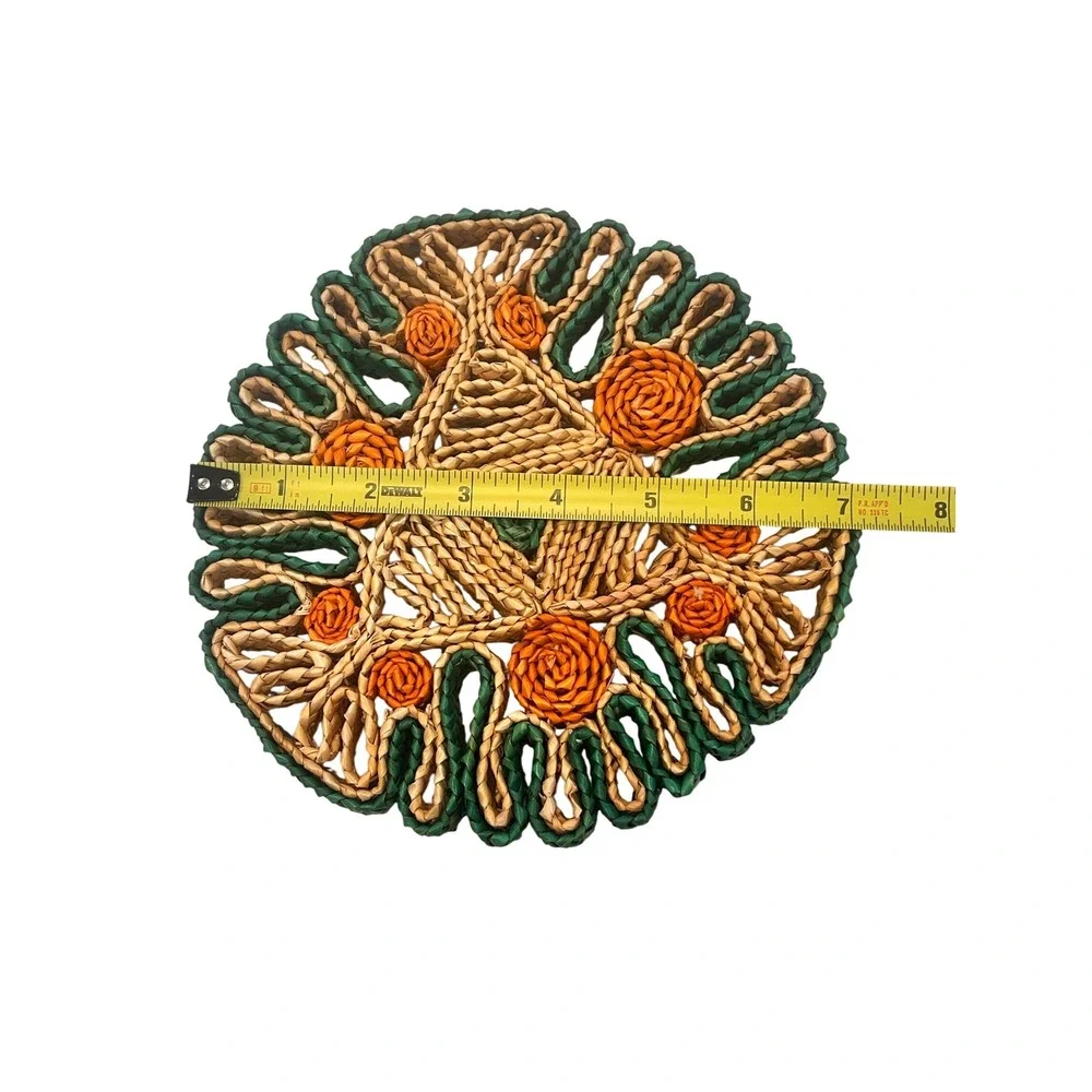 Vintage Boho Wicker Trivets Set of 2 Red Green Orange Woven Straw Hot Pads 7.5in
